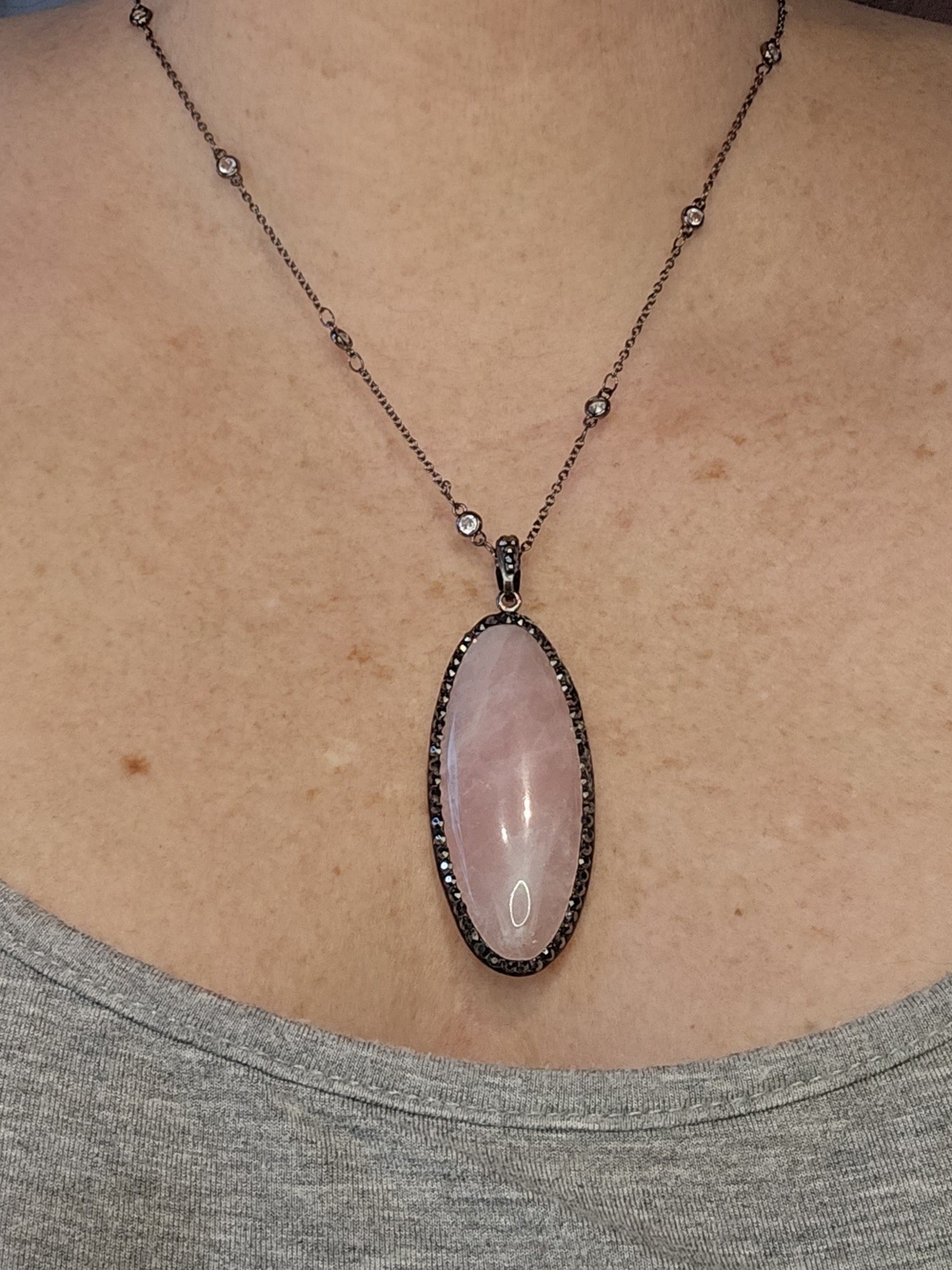 Elegant Rose Quartz Oval Pendant Black Pave CZ DBY Necklace Magnetic Clasp